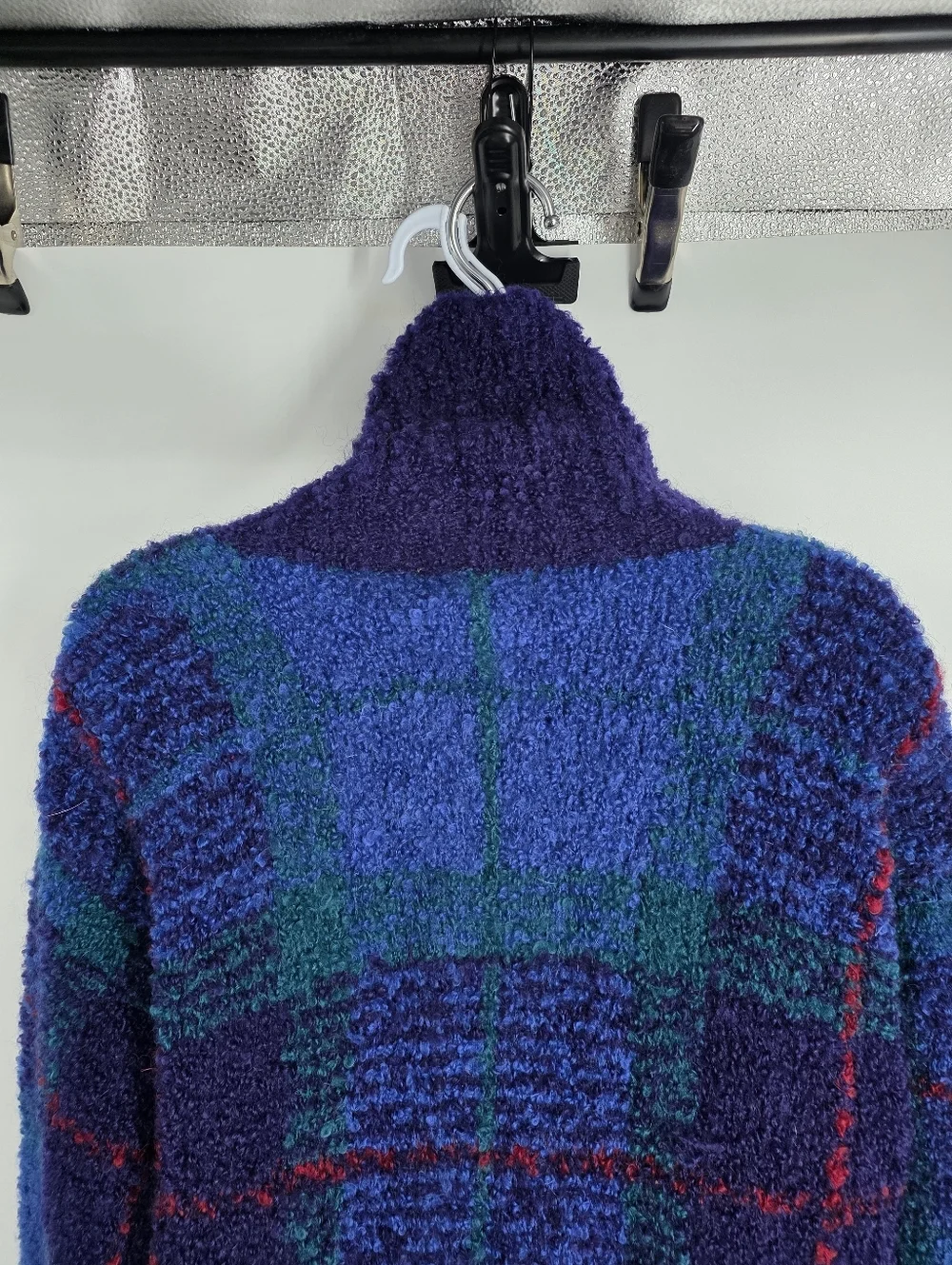VTG Jones New York Mohair Wool Plaid Sweater M Chunky Knit Tunic Turtleneck Blue